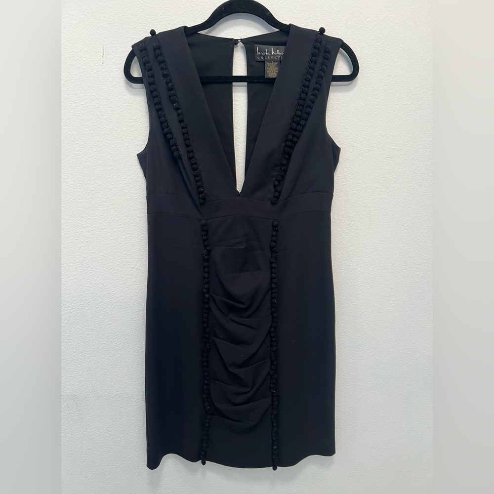 Nicole Miller Collection-Black- Silk Blend - Pom Pom Trim Sheath Dress - Size 8